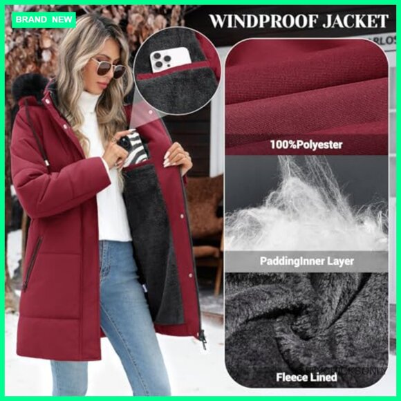 Women's Winter Puffer Coat Fleece Lined Parka Jacket with Detachable Hood - Picture 5 of 7